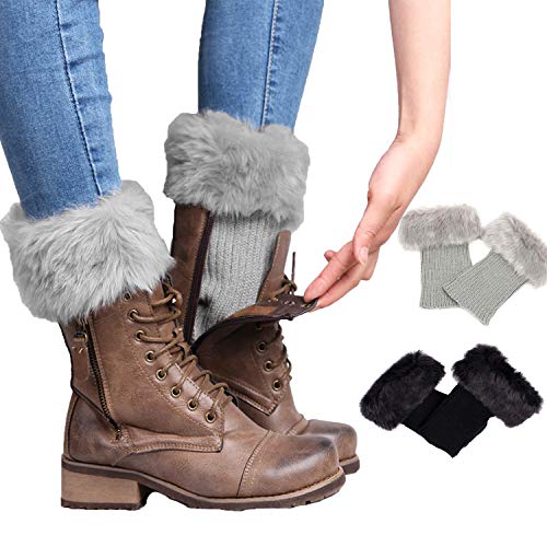 LOOGI Women Boot Cuffs Short Fur Boots Socks Winter Leg Warmers - 2 Pack of Black Grey