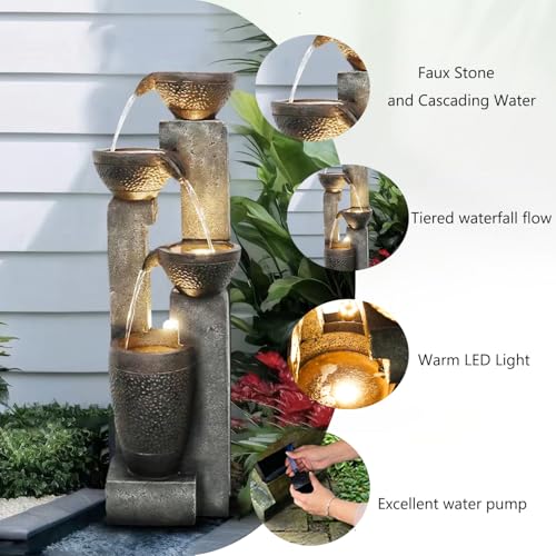 Image of Hamiedun 40''H Water Fountain Outdoor Decor, 4-Tier Crocks Fountains for Outsides with LED Lights, Indoor Waterfalls Fountain for Garden, Patio, Deck, Porch, Backyard and Home Art Decor (40inch)