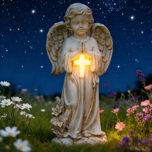 RNPKZ Solar Engel Gartenstatuen, LED Fairy Engel Figur, Grablicht Outdoor-Deko, Betende LED-Schutzengel-Figur, Engel Skulptur Deko Rasen, Wetterfest Grabschmuck für Friedhof Outdoor Gartendekoration
