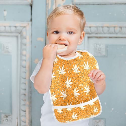 MCHIVER Leopard Leaves Orange Baby Bibs for Boys Girls Toddlers Waterproof Feeding Bib Apron with Food Cather Adjustable Cotton Food Eating Bib 2 Pack3