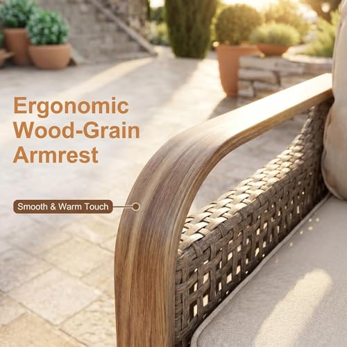 Image of UDPATIO Patio Furniture Set with Rocking Swivel Chairs, Faux Wood Grain Modern Outdoor Sectional Furniture, Rattan Patio Conversation Sets W /Ottoman for Deck, Yard, and Poolside, 8 PC Beige