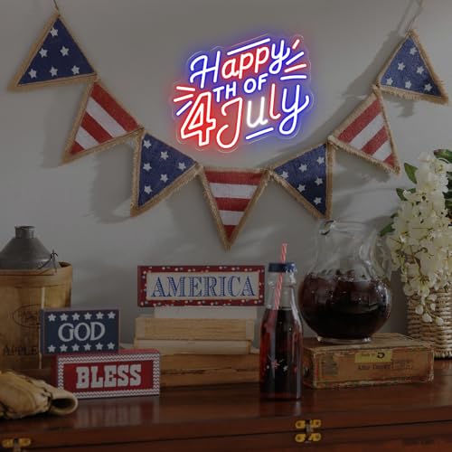 Image of Happy 4TH of July Decors Neon Sign Happy Independence Day Led Sign 4th of July Celebration Light Patriotic Welcome Memorial Day Decoration, 15.4 inchx12.6 inch