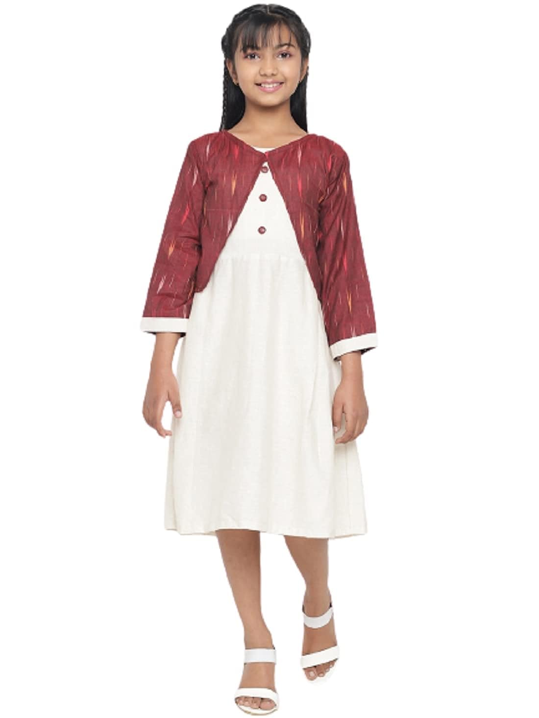 Vastraa Fusion Baby Girls Midi Knee Length Dress With Ikat Print Jacket Vastraa Fusion Baby Girls Midi Knee Length Dress With Ikat Print Jacket