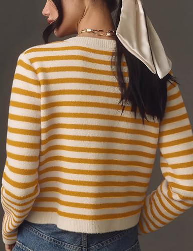 Lentta Womens Striped Knit Cardigan Sweater Crew Neck Long Sleeve Button Front Outerwear4