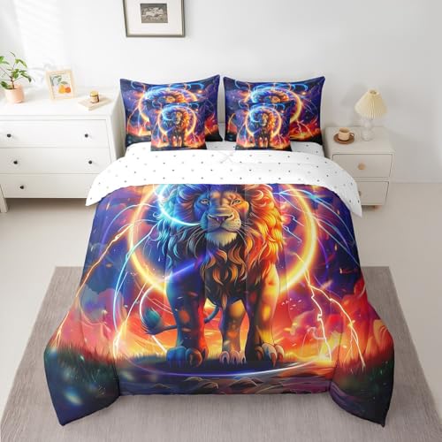 Manfei 7 Pieces Lion Comforter Set King Size, Wild Animal Theme Bedding Set for Kids Boys Girls Bedroom Decor, African Wildlife Lion 7pcs Bed in a Bag with Comforter, Sheets and Pillow Cases