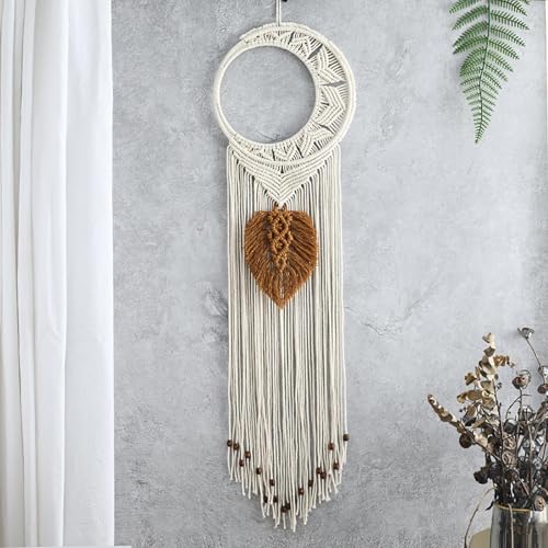 Tapiz de pared de luna macramé boho con hojas para decoración tejida artesanal 3