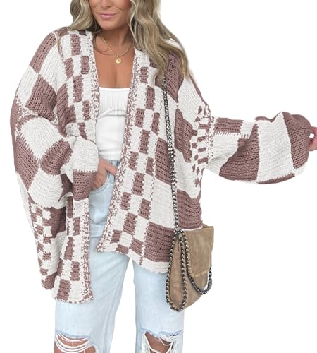 Image of BTFBM Casual Cardigan Sweater for Women Fall 2026 Long Sleeve Open Front Chunky Knit Sweaters Checkered Outwear Coat