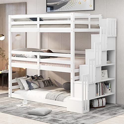 P PURLOVE Twin Triple Bunk Bed for Kids Teens, Wood Stackable Twin Size 3 Stairway Bunk Bed Frame with Slat,Bunk Bed Can be Divided into Low Bunk Bed and Loft Bed,White