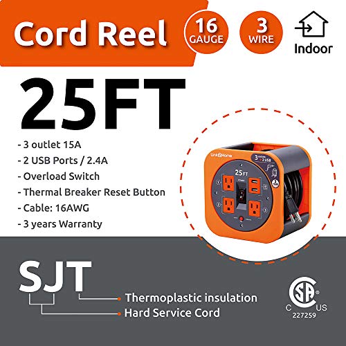 Link2Home Cord Reel 25 Ft. Extension Cord 4 Power Outlets, 2 Usb Ports, 2.4A Fast Charge – 16 Awg Sjt Cable. #TOP2