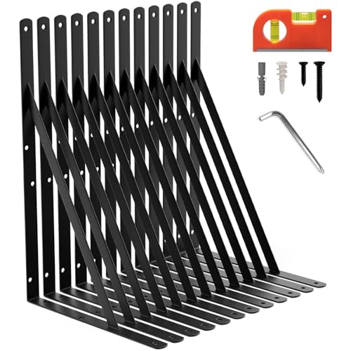 12-Pack 18 Inch Heavy Duty Shelf Brackets, Large Floating Wall Bracket for Garage Storage Shelves, Black Powder-Coated Finish, Load Capacity 800lbs