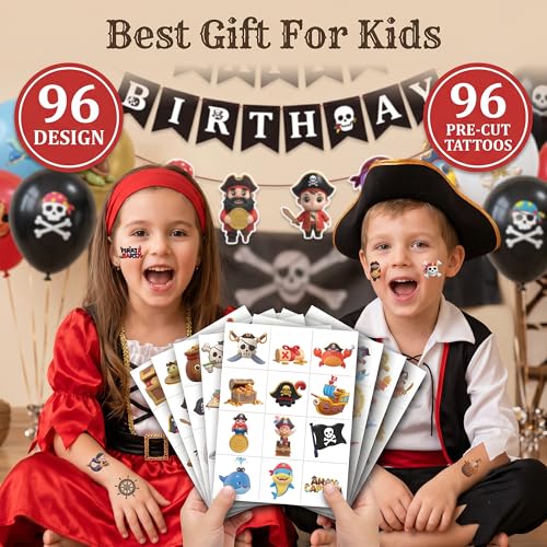 Image of 96 PCS Pre-cut Pirate Temporary Tattoos for Kid, 8 Sheets 3D Kawaii Cartoon | Pirate Party Favors, Waterproof Fake Tattoos Stickers for Boys Girls Goodie Bag Fillers, Treasure Birthday Decorations