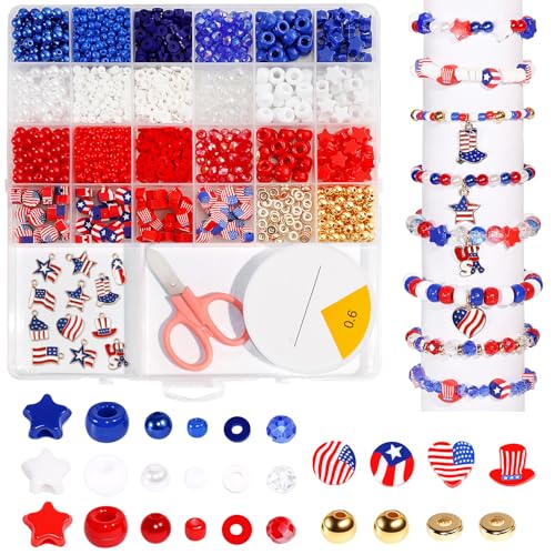 1900PCS Red White and Blue Beads 4th of July Beads Patriotic Star Shaped Bracelet Beads American Pony Beads Memorial Day DIY Jewelry Making Crafts