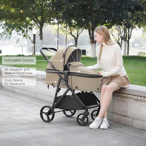 Image of Gromast 3-in-1 Baby Stroller, Convertible Stroller for Newborn Infant Toddler with Reversible Seat, UPF 50+ Canopy & Cup Holder - Khaki