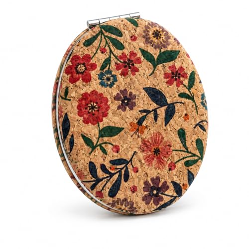 Image of Floral Cork Compact Mirror for Women | Oval Dual-Sided Folding Makeup Mirror | Portable Travel Pocket Mirror with Magnifying Mirror | Lightweight Cosmetic Mirror for Purse & Handbag (Floral)