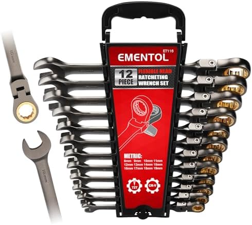 EMENTOL 12 Pieces Flex-Head Ratcheting Wrench Set with Organizer Rack, CR-V, 72-Teeth, Metric Ratchet Combination Wrenches Set, 8mm - 19mm