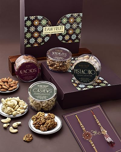 Image of Bhaiya Bhabhi Rakhi Set Rakhi For Bhabhi Lumba Rakhi Set Rakhi Gift Hamper Dry Fruits Combo Pack Small Pet Jars Pack Of 4 Dry Fruits Cashew Walnut Almond Pista The Red Flower & Petals Rakhi Set