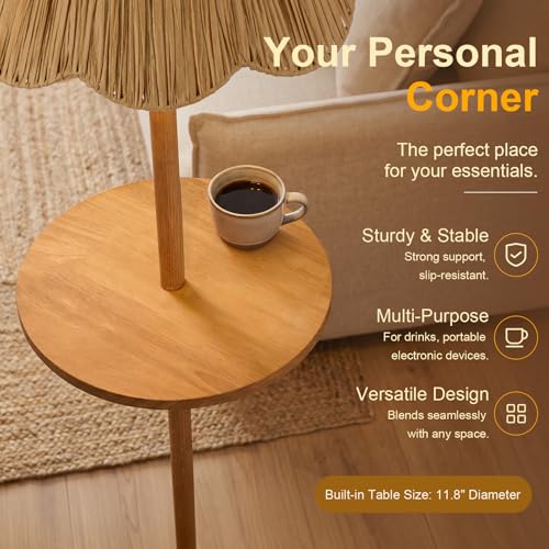 Image of Oneach 63.5 inch Floor Lamp with Table for Living Room, Boho Rattan Standing Lamps with Foot Switch, Farmhouse Floor Lamp for Bedroom, Arc Tall Lamp with Metal Base&Pole, Bulb not Included, Woodgrain