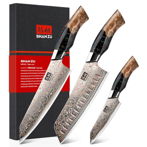 SHAN ZU Damast Küchenmesser Set 3-tlg, 33-Schichten Damaststahl & Kupfer Japanisches Kochmesser Set, Rasiermesserscharfe 12°-Klinge mit Ahornholzgriff Inklusive Koch-, Santoku- und Schälmesse