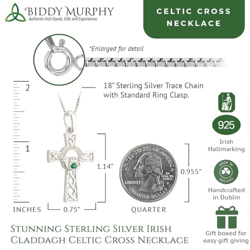 Biddy Murphy Claddagh Celtic Cross Necklace for Women, 925 Sterling Silver, Traditional Emerald Green CZ Cubic Zirconia, Imported from Ireland, 3/4" W x 1 1/8" H3