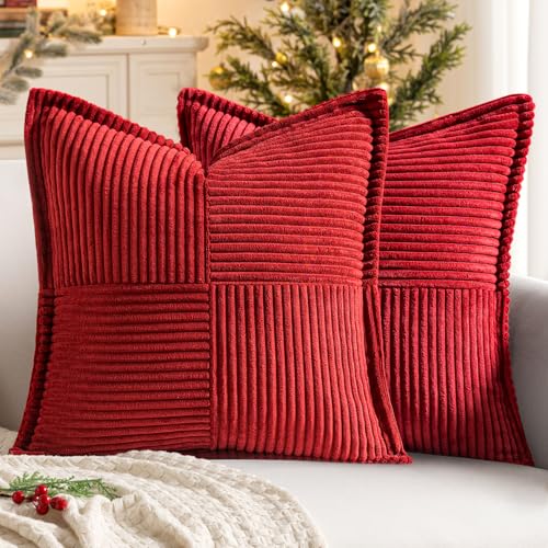 Image of MIULEE Decorative Euro Sham Throw Pillow Covers for Couch Bed Livingroom 24x24 Inch Set of 2 Red Boho Accent Throw Pllows Broadside Striped Patchwork Soft Corduroy Pillowcases