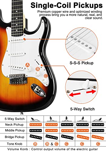 Vangoa 39 Inch Full Size Electric Guitar Beginner Sunburst Bundle Sunburst Acoustic Guitar Kit For Beginner #TOP1