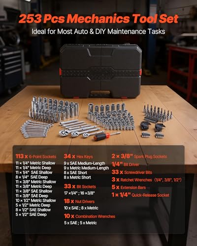 Image of VEVOR Mechanics Tool Set, 253-Piece Mechanic Tool Kit, 1 /4 in, 3 /8 in, and 1 /2 in Drive, SAE and Metric Socket Set, Wrenches, Screwdriver Bits, Accessories, and Storage Case, for Automotive Repair
