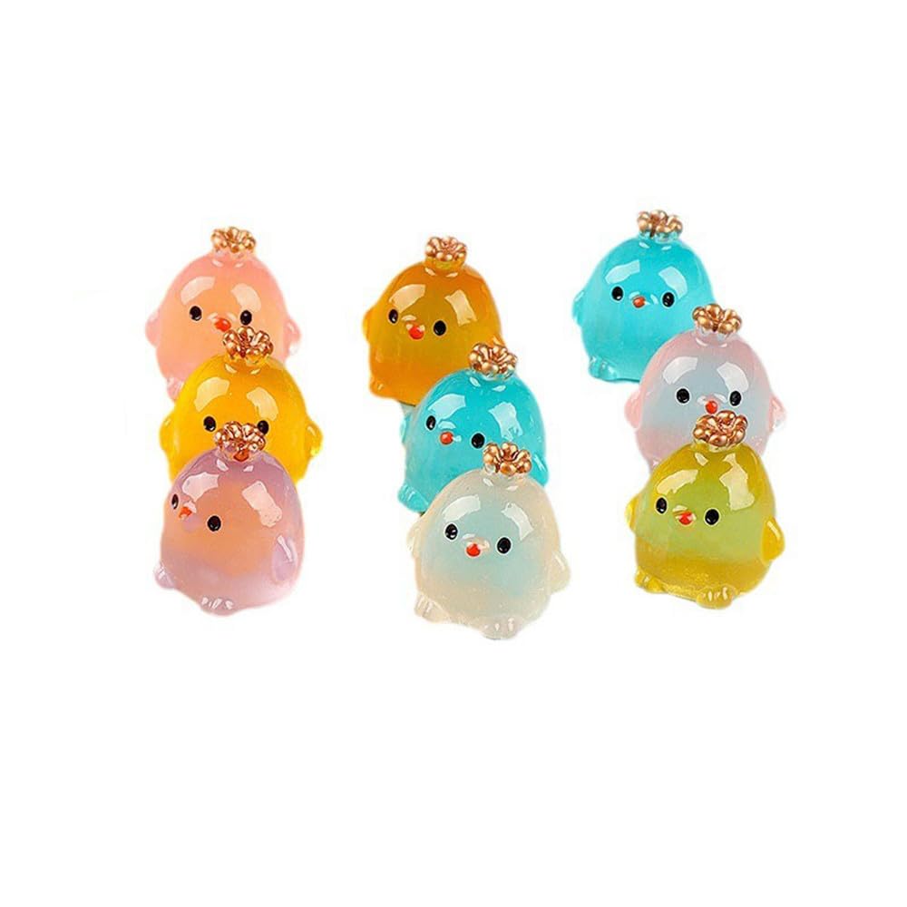 GIVBRO 9pcs Mini Resin Luminous Cartoon Chicken Miniature Figures Fairy Garden Landscapes Prank Game Aquariums Doll House Ornament (Random Color)