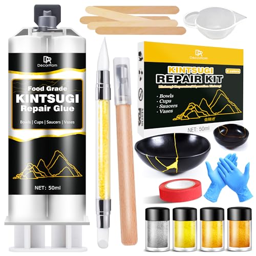 Kintsugi Reparatur Set 50ml Gold/Silber Kintsugi Set Porzellankleber Lebensmittelecht Keramik Reparaturset Zur Reparatur Zerbrochene Keramik Glas Skulpturen TöPferwaren Weihnachtsgeschenke