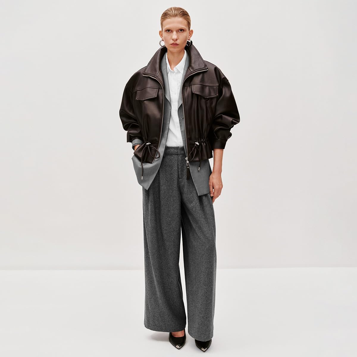 URBAN REVIVO Brown Cropped Faux Leather Jacket for Women, Belted Waist with Oversized Lapel - Image 2