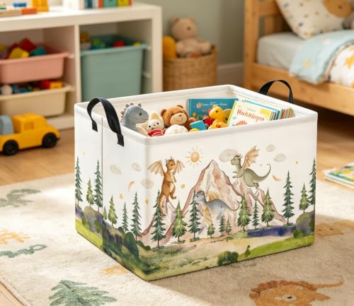 Image of Rectangular Kids Basket Baby Girl Basket Fabric Storage Bin Organizer Box Room Decor(Hill Dinosaur)