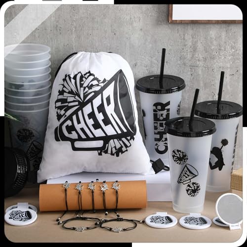 Zhehao 48 Pcs Cheer Gift Bulk for Team Cheerleading Gift Include 12 Plastic Cups with Lid and Straw, Drawstring Bags, Bracelets, Compact Mirrors for Women Party Supplies Banquet(Black)4