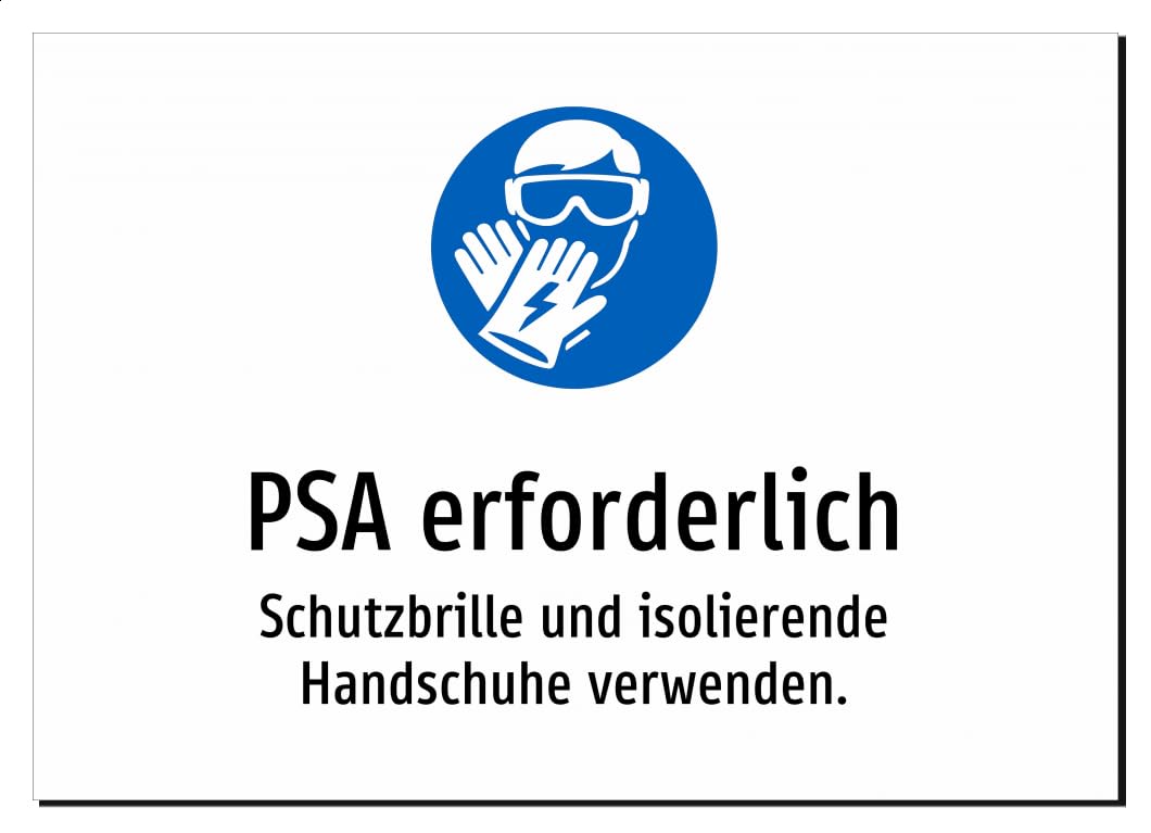 PSA erforderlich - Schutzbrille und isolierende Handschuhe verwenden. – Aluminiumschild A2: 594x420mm – Mit Grafik und Text
