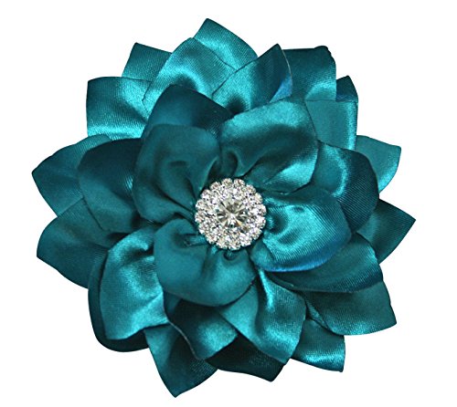 Teal Silk Peony Flower Handcrafted Hair Clip Rhinestone Bridal Bridesmaid Flower Girl Hair Accessory (4.0 inch, Teal)