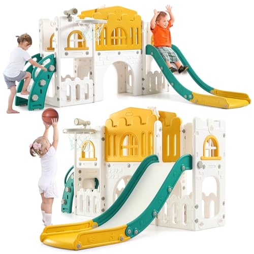 GAOMON 8 in 1 Toddler Slide Indoor Playground, Indoor Slide Toddler Playset for Toddlers 1-3, Kids Outdoor Playground with Slide, Basketball Hoop, Cli