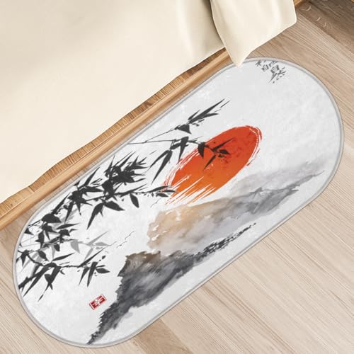 TropicalLife Bambus-Teppich mit roter Sonne, japanischer Stil, 50 x 120 cm, japanisches langes Haar, verdickte Flächenteppiche für Zimmer, Küche, Zuhause, Bad, Innenbereich, rutschfeste