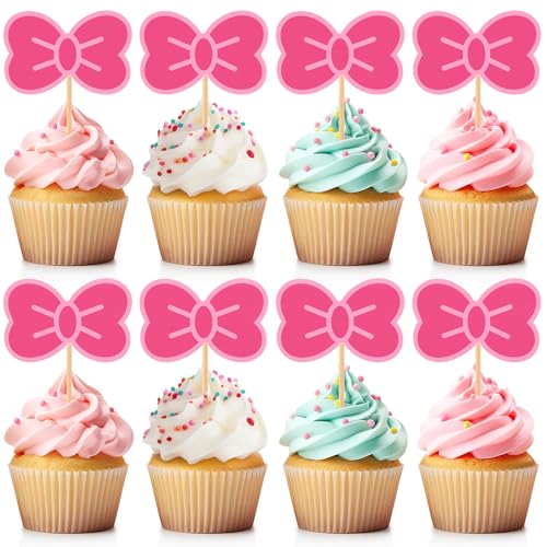 24 Pcs Pink Cat Cupcake Toppers Bow Cake Toppers Kawaii Cake Deco...