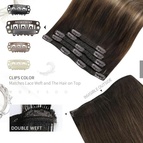 Moresoo Clip in Hair Extensions Real Human Hair Balayage Hair Extensions Real Human Hair Clip ins Ombre Dark Brown to Dark Ash Blonde with Golden Blonde Clip in Extensions 12inch 5Pcs 80G