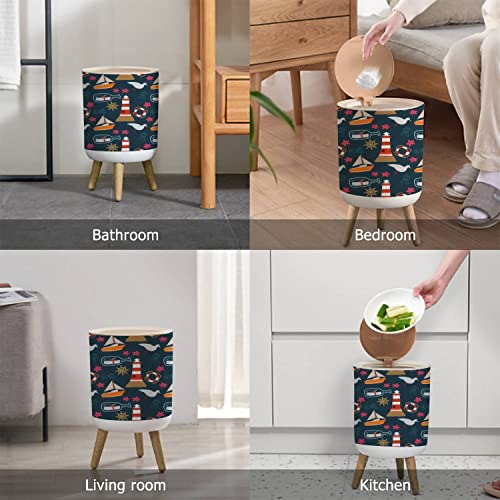 Image of Small Trash Can with Lid Nautical Seamless Illustrations of Whale Ship and Lighthouse Wood Legs Press Cover Garbage Bin Round Simple Human Waste Bin Wastebasket for Kitchen Bathroom Office
