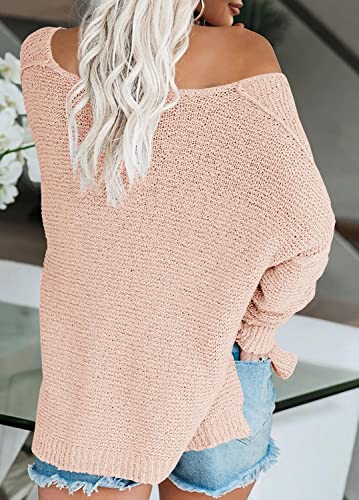 Image of Women's Off Shoulder Knit Sweaters Oversized V Neck Long Sleeve Loose Lightweight Pullover Tops