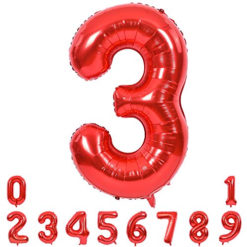 Image of TONIFUL 40 Inch Red Number 3 Balloons Large Foil 3rd Birthday Decorations