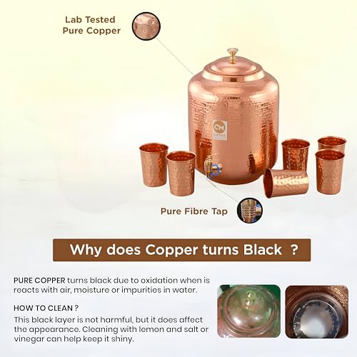 Image of Copper Master Pure Copper Water Dispenser 5 Litre Hammered (Matka /Pot) with 6 Glasses Ayurvedic Matka for Drinking Water for Home and Office Health Benefits Leakproof 5000ml (Small)