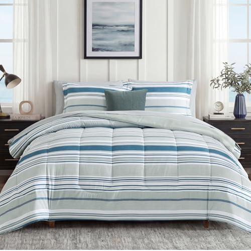 Image of Monbix Full Size Comforter Set - 7 Pieces Bed in a Bag Full, Blue-Stripe Bedding Sets, All Seasons Comforter Bed Set with Sheets, Pillowcases & Shams