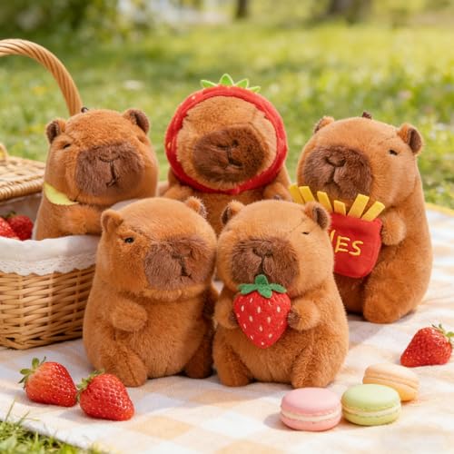 Image of Emotional Support Capybara Plush Set, 5 Soft Squishy Toys Stuffed Animal with Carrying Basket, Cute Cuddly for Loved Ones of All Ages, Stress Relief Funny Gifts (Capybara)