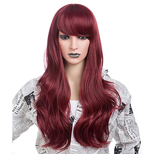 Suri Hair Long Wavy Soft Wine Red Wig With Bangs For Women Burgundy Real Wigs Red Hair Synthetic Wig With Side Bangs Long Curly Natural Wave Nice Cosplay Halloween Wig 99j#