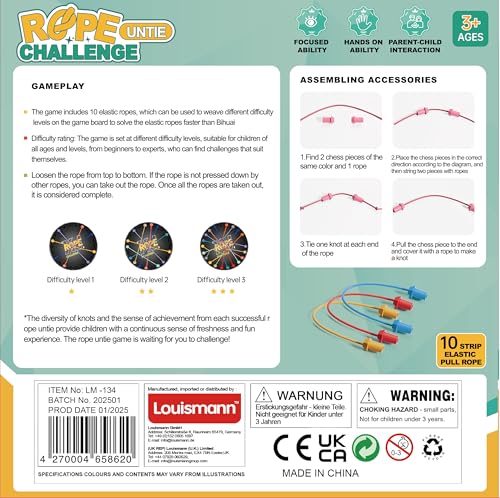 Louismann Brainy Knots – Rope Challenge Puzzle Knobelspiel mit Seil Logik Strategiespiel Logik Spiele Knot für Kinder ab 3 Geschicklichkeitsspiel Lernspiel für die ganze Familie (Patentschutz)
