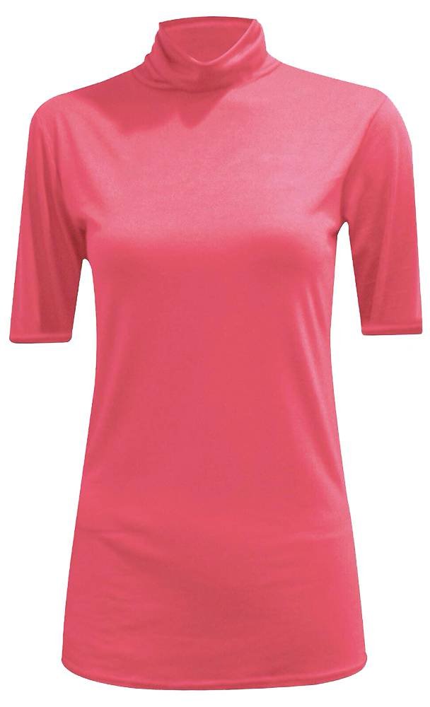 66 Fashion District UK Womens Short Sleeve Gathered Polo Turtle Neck T-Shirt Top (XXL UK 20-22, Coral)