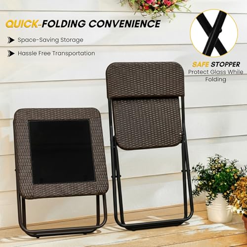 Image of DEVOKO Foldable 3-Piece Outdoor Patio Wicker Furniture Set with Glass Top Table, All-Weather HDPE Rattan, Rustproof Metal Frame for Garden, Balcony & Lawn (Dark Brown)