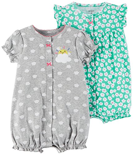 Carter's Baby Girls' 2-Pack Romper, Mint Floral/Grey Rainbow, 9 Months