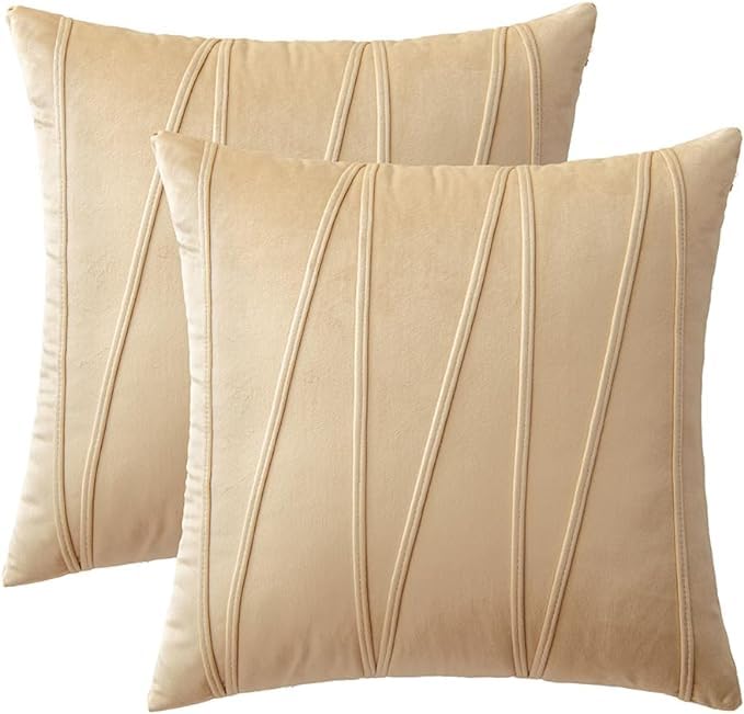 Image of Amazon Brand - Umi Decorative Striped Throw Pillow Covers 24 X 24 Inch,Soft Solid Velvet Pillow Covers Cushion Case with Zigzag Pattern for Sofa Bedroom 60 X 60 Cm (Pack of 2) Beige