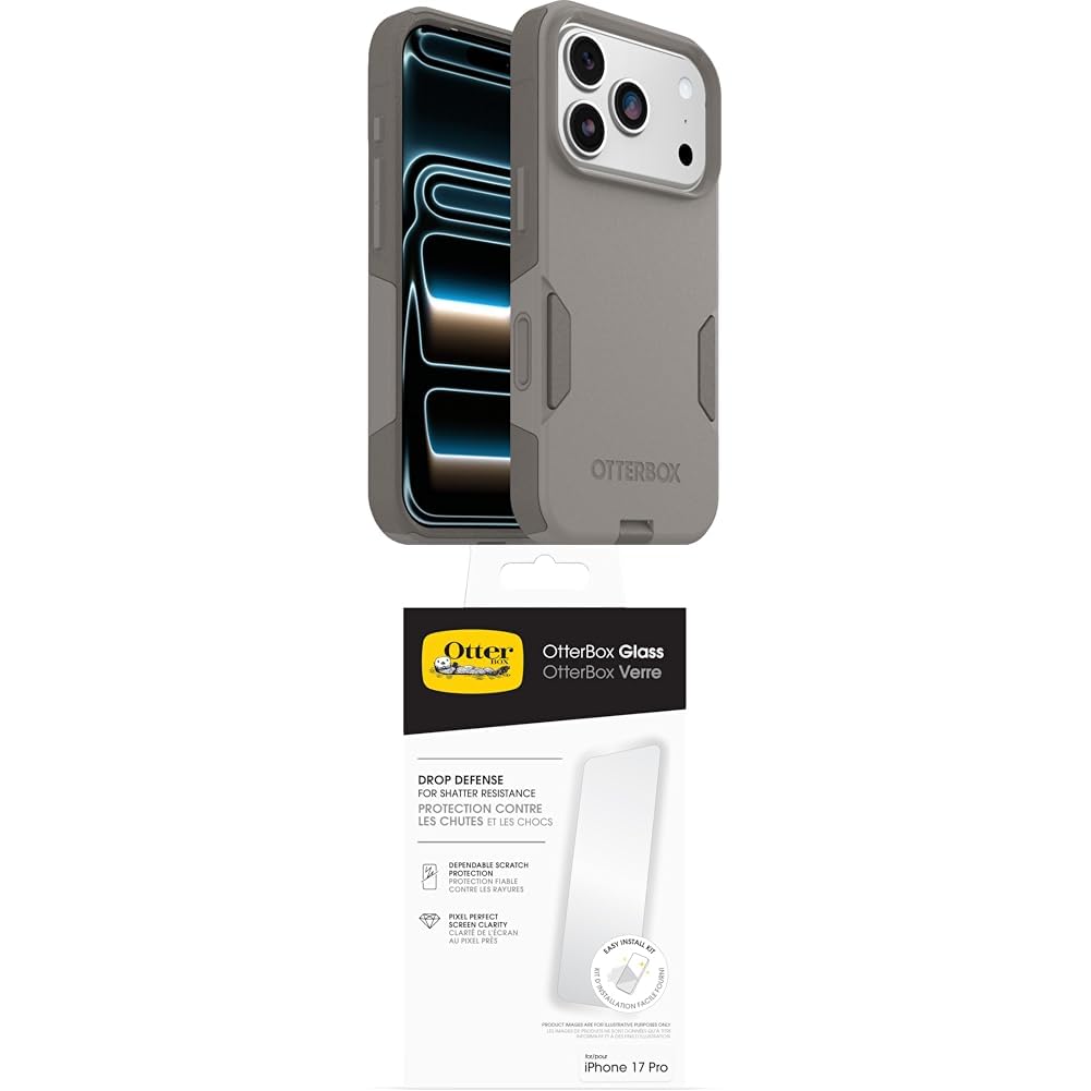 OtterBox Commuter Series MagSafe funda para iPhone 17 Pro, Testada 3x estándares Militares anticaídas, Gris + OtterBox Glass Protector de Pantalla de Cristal Templado para iPhone 17 Pro